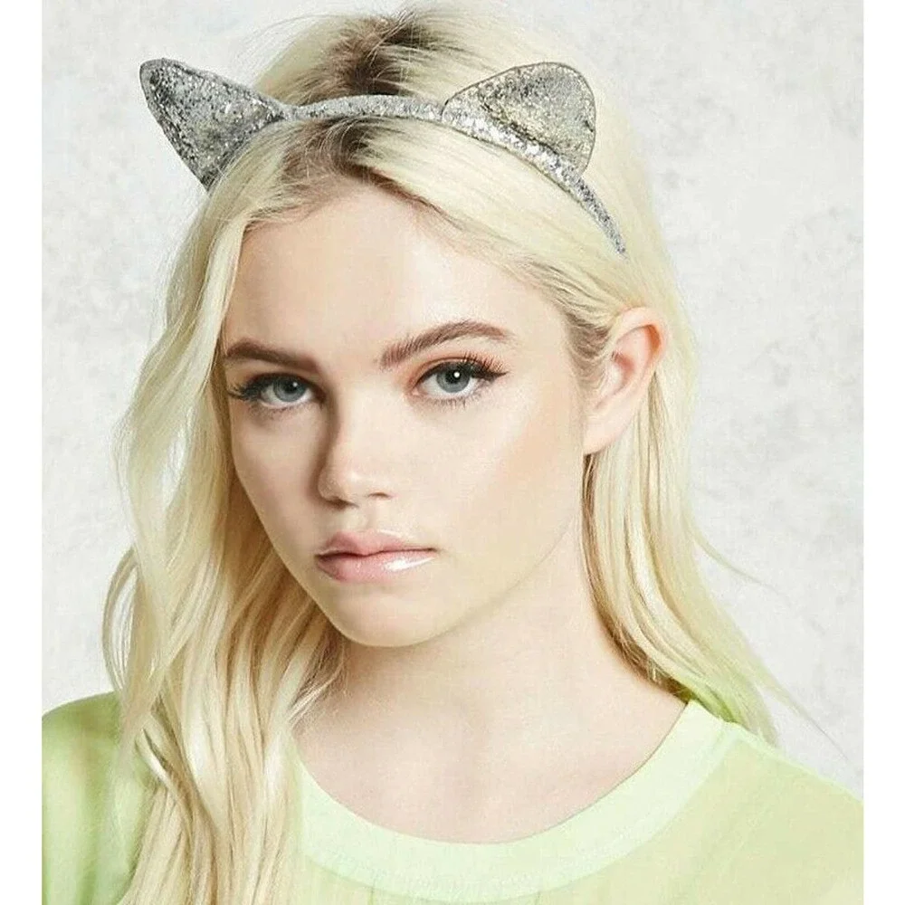 Forever 21 Headband Silver Sequin Puffy Cat Kitty Ears One Size NNT